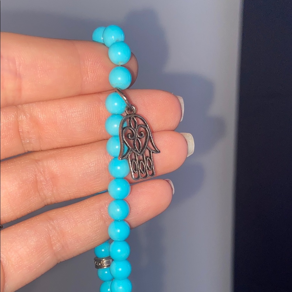 Turquoise Chavez for Charity Boho Beaded Bracelet with Silver Hamsa Charm